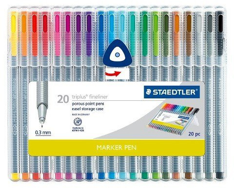 Staedtler Triplus Fineliner Porous Point Marker Pens Easel Storage Case 0.3mm Assorted Colors (20 Count)