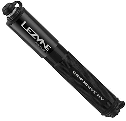 Lezyne Grip Drive HV Cycling Hand Pump- Black/Logo, Medium/Mountain Road Bike Frame Mount Cycle Track Trail Mini High Pressure Tyre Tube Race Lightweight Air Dual Head Presta Schrader Valve Flex Hose