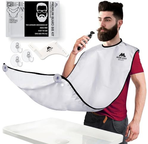 Mobi Lock Bartschürze, Rasierumhang für Bart - Trimm-Schürze und Rasierumhang - Für Herren (Geburtstag, Vatertag, Weihnachten) - mit Haken, Aufbewahrungsbox und E-Book