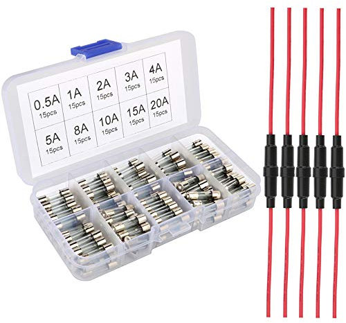 Gebildet 5pcs 5x20mm AGC Fuse Holder Inline Screw Type with 16 AWG wire + 150pcs 5x20mm Fast-blow Glass Fuses Quick Blow Car Glass Tube Fuses Assorted Kit
