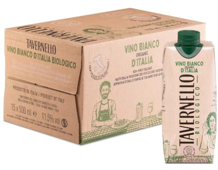 Tavernello Bio Organic Vino Bianco d'Italia, Vino Biologico Fresco e Fruttato, 11.5% Vol, Confezione con 15 Brik da 500 ml