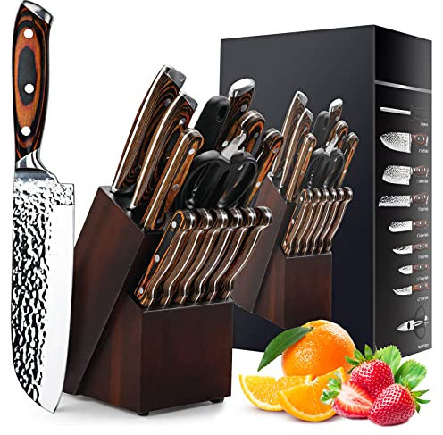 HUIKAILI Messerblock Set | 15-TLG Messerset mit Farbiger Holzgriff | Scharf Edelstahl Kochmesser Set | Profi Küchenmesser mit Wetzstahl, mit Santokumesser Kochmesser Brotmesser Schälmesser Steakmesser