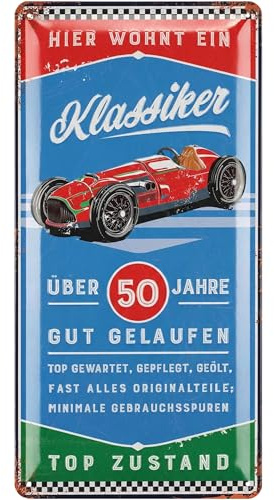 LANOLU Retro Blechschild 50 Geburtstag Schild - 50 JAHRE KLASSIKER - Alternative zur Geburtstagskarte 50 - witziges Geschenk 50 Geburtstag Mann, Metallschild, 17x34cm