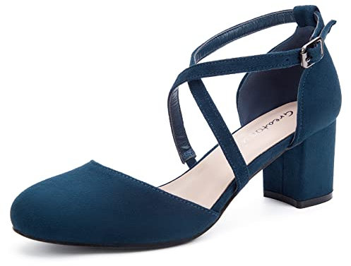 Greatonu Womens Court Shoes Mid Heel Chunky Dress Sandals Ladies Ankle Strap Wedding Party Pumps Blue Size 6
