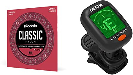 D'Addario Cuerdas Guitarra Española | Cuerdas de Guitarra Española | Cuerdas para Guitarra Española + CASCHA HH 2018 Afinador cromático para guitarra, bajo, violín y ukelele