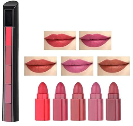 Lápiz labial de terciopelo 5 en 1 Múltiples tonos de lápiz labial Labios hidratados Conjunto labial Rojo oscuro Mini brillo de Hidratante de larga duración Color Maquillaje labial mate (Color A)