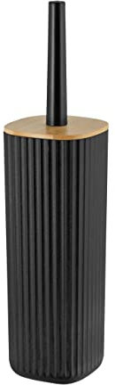 Wenko Set da Bagno Rotello, Portaspazzolone Chiuso in Plastica di Qualità con Coperchio in Bambù e Superficie Rigata, Ø 10 X 36 Cm, Scopino Incluso, Spazzola Sostituibile, Nero/Naturale