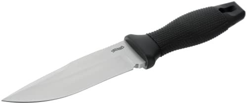 Walther Strap Knife Tactical, mit Spearpoint-Klinge, aus schnitthaltigem 440C, Fangriemenöse, inkl. schwarzer Lederscheide mit Druckknopflasche für Schnellzugriff und Stahlclip