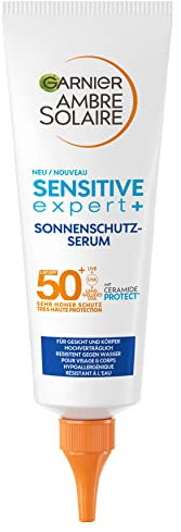 Garnier Sonnenschutz Serum mit LSF50+ für sensible Haut, Wasserfeste Sonnencreme für Gesicht und Körper, Rückstandslose, nicht fettende Formel mit Ceramiden, Ambre Solaire Sensitive expert+, 1x 125 ml
