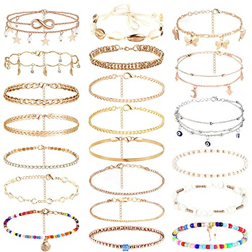 Dochais 21 Stück Fußkette Damen, Boho Verstellbare Sommer Fußkettchen, Glänzende Silber Fußkettchen Mit Strass, Fußkette Wasserdicht, Fußschmuck, Vintage Perlen Fussketten Hypoallergen 21cm(21 Stück)