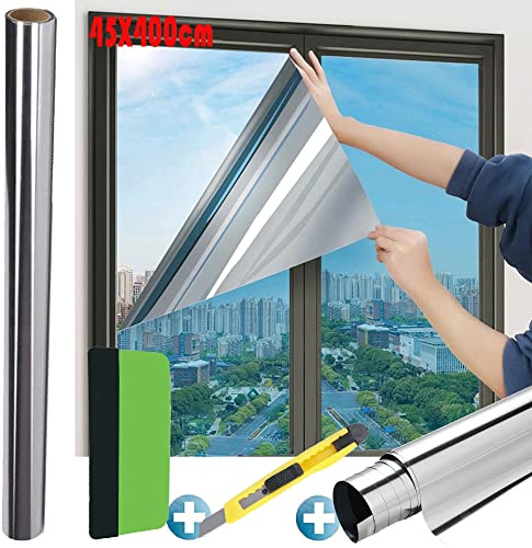 Sonnenschutzfolie Fenster Innen | UV-Schutz Sonnenschutzfolie Fenster Innen Außen | Spiegelfolie Selbstklebend | Silber reflektierende Fensterfolie | Rückstandslose Sonnenschutz Folie (45 x 400 cm)