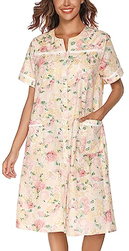 YOZLY Cotton Button Front Nightdress with Pockets | Short sleeve ladies nightie and house dress with a relaxed knee length fit for sleeping lounging and everyday homewear