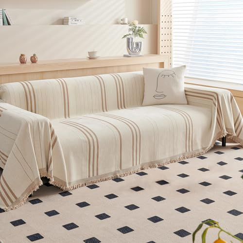 DREAMINGO Couch Cover Reversible Chenille 3 Seat Sofa Covers for Pet Kids Beige Coffee Couch Protector for 3 Cushion Couch Sofa Vertical Stripe Jacquard Sofa Slipcover Sectional, 71x134