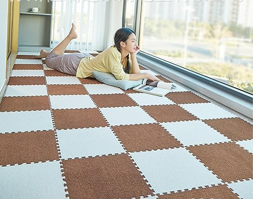 Skrsila 24 Stück Puzzlematte Baby Eva Schaum Krabbelmatte Kinderspielteppich Plüsch Spielmatte rutschfest Bodenschutzmatte 30 x 30 x 0,8 cm, Plüsch Puzzlematten Beige + Braun