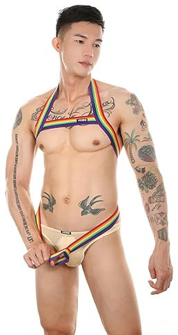 WSZJLN Herren-Körpergeschirr, sexy Neckholder, männlich, hohl, Dessous, Brustgeschirr, Kostüm – Regenbogen – Einheitsgröße