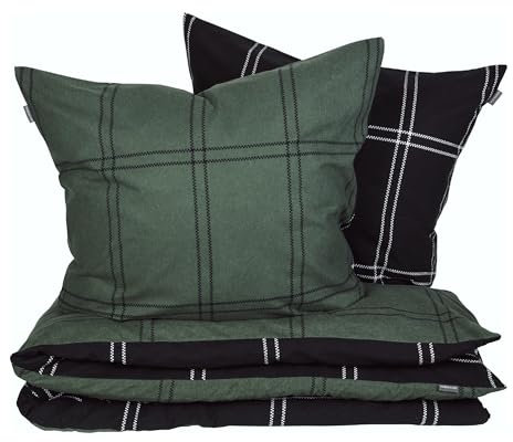 Schiesser Juego de ropa de cama reversible Ellis de franela de algodón suave y cálido, color: verde oscuro, tamaño: 135 cm x 200 cm