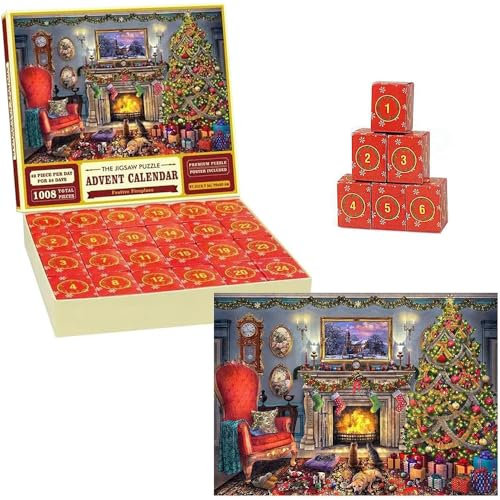 KULSUM Christmas Advent Calendar 2023, Christmas Advent Calendar Jigsaw Puzzle 1000Pcs, Christmas New Years Gifts for Adult Kids Boys Girls, Jigsaw Advent Calendar for 8-14 Years (Style A)