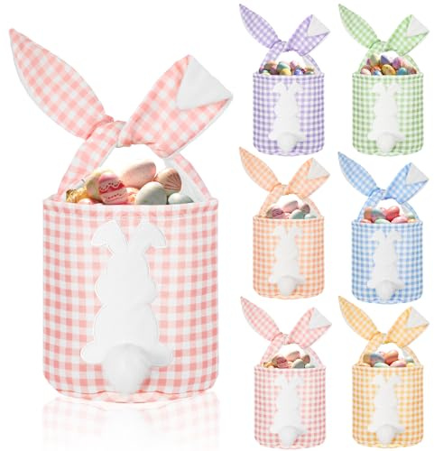 Cosblank 6 Pcs Bunny Canvas Bags Rabbit Print Basket with Foldable Ears Candy Goodie Bunny Tote Gift Bag for Birthday Party Decorations Supplies(Cute Color,Plaid)