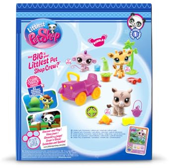 BANDAI Littlest Pet Shop, Pack de Juego Safari, Incluye 3 Mascotas, 3 Accesorios, 1 Tarjeta de coleccionista, 1 código Virtual, Cabezas Móviles, 1 Coche, Gen 7 (#53,#54, #55), BF00524 Multicolor
