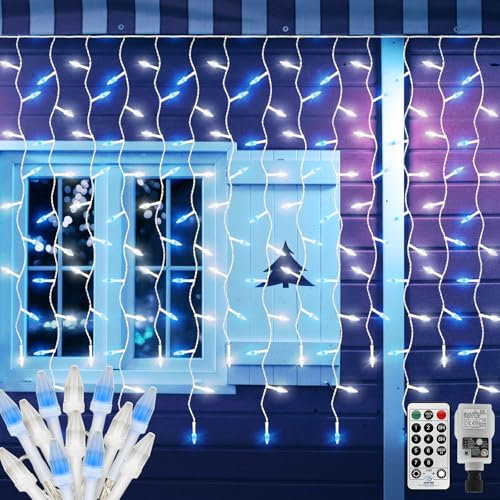 6M X 1M Eisregen Lichtervorhang Außen Weihnachten mit Stecker,300LED Diamant Lichterkette Fenster Lichterketten Vorhang,Garten Lichterkette mit Fernbedienung,Verknüpfbar für Christmas(Blau+Weiss)