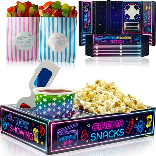 Moviejam Vassoi per snack per la notte del cinema, edizione fluo, 10 scatole resistenti per popcorn, 10 sacchetti di caramelle e inviti per biglietti del cinema gratuiti