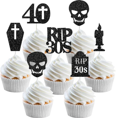 Funmemoir Gothic 40th Birthday Party Decorations - 24PCS Black Rip to My 30s Cupcake Toppers, Death to My 30s Decorations, Funeral for My Youth 40th Birthday Party Supplies