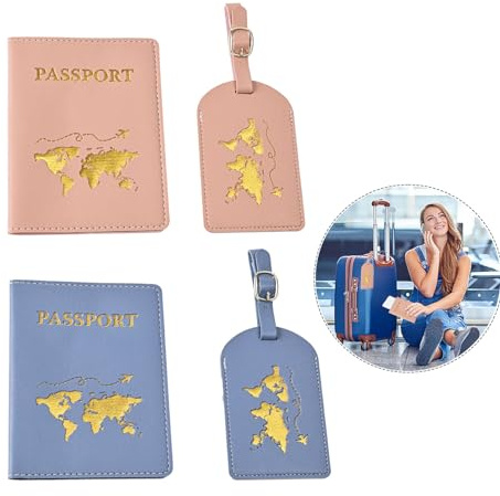 SSKHE Reisepasshülle, 2pcs Reisepass Schutzhülle und 2pcs Kofferanhänger, Kunstleder Passhülle Hülle, Schutzhülle für Reisepass, Bordkarte, Ausweis, Kreditkarten, Reisedokumente (Rosa & Blau)