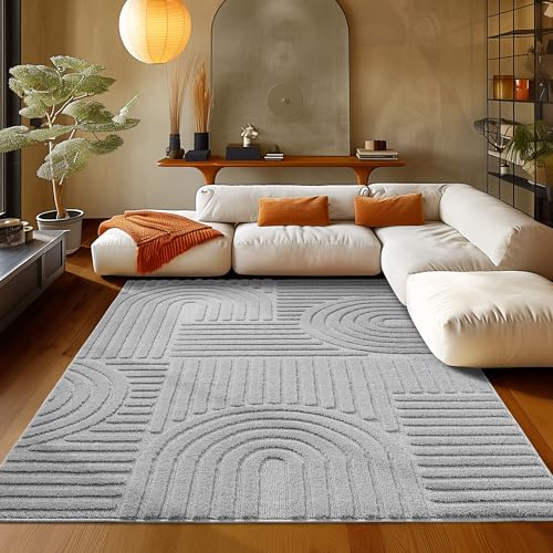 Teppium Hochflor Teppich Wohnzimmer Langflor Skandinavisch Boho Design Pflegeleicht Teppich Silber 160 x 230 cm