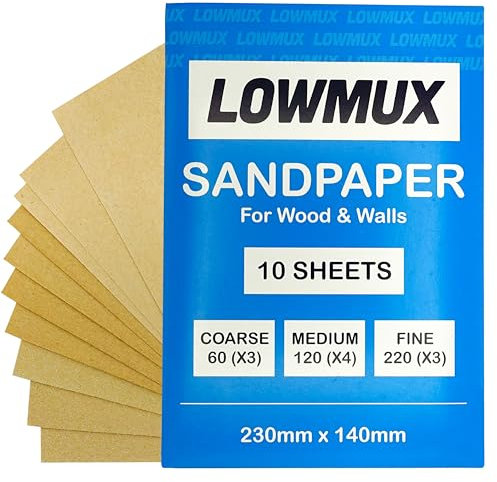 Pack of 10 Premium Assorted Sandpaper Sheets | Mixed Grit Sand Paper Set | 3 × P60 Coarse Grit | 4 × P120 Medium Grit | 3 × P220 Fine Grit | Perfect for Wood, Walls & DIY Projects