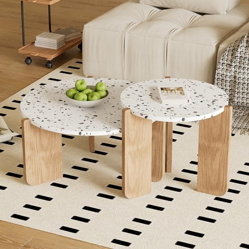 BTM Lot de 2 Table Basse Gigogne, Motif Floral & Ronde 70/50 cm, Coffee Table pour Salon, Bois & Blanc
