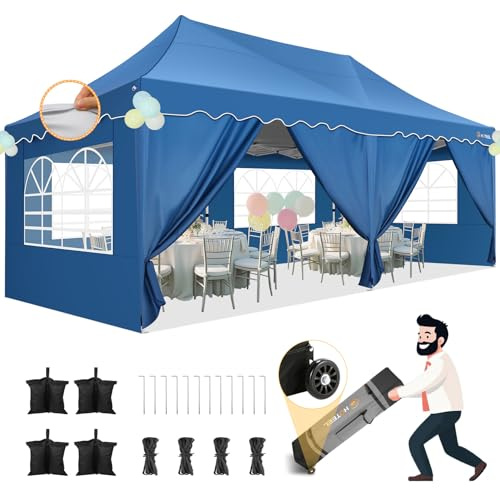 HOTEEL 3x6 Pop Up Pavillon Wasserdicht Stabil mit 6 Abnehmbaren SeitenwäNden, Wellensaumdach Uv Anti 50+ Faltpavillon mit Radtasche und 4 SandsäCken, füR Hochzeit Party Picknick Markt(Blau)