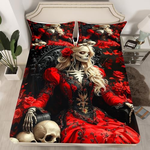 Erosebridal Queen Skull Bed Sheets Romantic Skull Roses Full Bedding Set Gothic Skull Skeleton Fitted Sheet Skeleton Bones Flowers Bed Cover for Kids Teen Adults