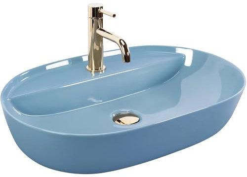 VBChome Waschbecken 61 x 41 cm Keramik Blau Oval mit Hahnloch Waschtisch Handwaschbecken Aufsatzwaschbecken Waschschale Keramikwaschbecken Waschbecken im Badezimmer