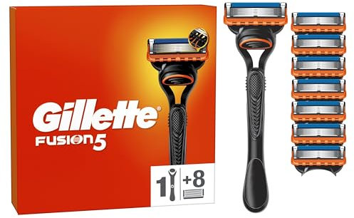 Gillette Rasoio Barba Manuale + 8 Lamette Gillette Fusion 5, LAMETTE DA BARBA Di Ricambio a 5 Lame e Rasoio Manuale Fusion 5, Rasatura Scorrevole con Striscia Lubrificante
