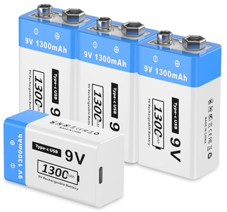 9V wiederaufladbare Lithium-Batterien, 1300mAh 6F22-Batterien mit hoher Kapazität für Rauchmelder, Metalldetektoren, Mikrofone und mehr（4 Pack ）