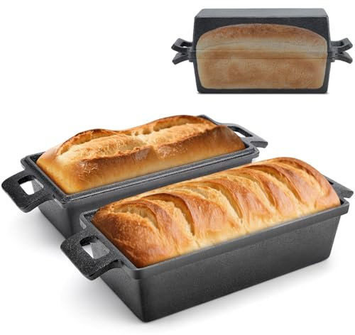 BAKEWAY Cast Iron Loaf Pan with Lid, Loaf Pans for Baking Bread 9x5 | Durable, Easy-Clean Bread Baking Pan for Homemade Bread, Pizza & Even Heat Distribution - 2 piece set