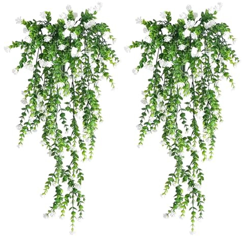 SKJAXF 2 Pcs Artificial Flower Wall, Lifelike Artificial Hanging Plant, UV-Resistant Fake Hanging Flowers for Garden Wall Fence Wedding Balcony Yard Patio Indoor Outdoor Decoration (White, 30 Inch)