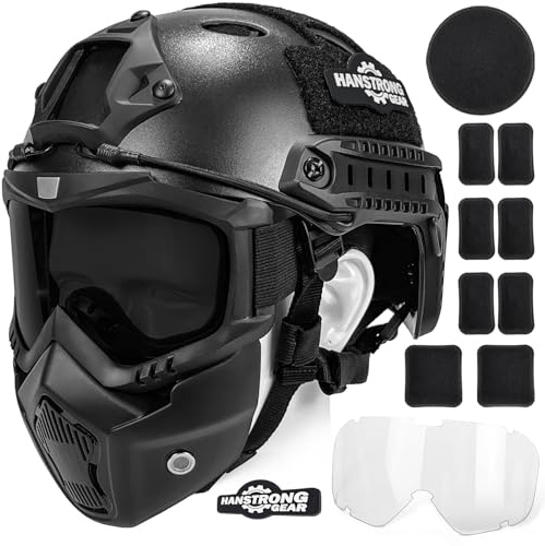 Airsoft - Casco y máscara táctica para paintball, color negro, tipo PJ con gafas ajustables desmontables, protección completa para Airsoft