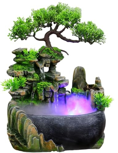 Desk Waterfall with Color-Changing LED Light, Tabletop Water Fountain Resin Desktop Waterfall, USB Indoor Fountain Water Fall, Mirror Indoor