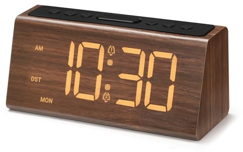 Cadmos Wooden Digital Alarm Clock for Bedroom,Electric Desk Clock with USB Port,Loud Alarm for Heavy Sleepers,Adjustable Volume & Dimmer,Snooze,DST,Wood Decor,Bedside & Desk Us(Brown - Amber Digits)