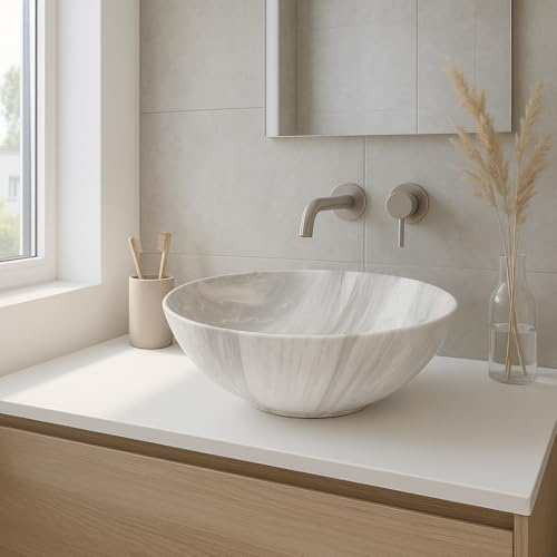 WITIT Lavabo lavandino lavello da appoggio in ceramica effetto marmo ROTONDO 405 X 405 X 150 mm MOD.6203 vari colori a scelta (Grigio Striato M7)