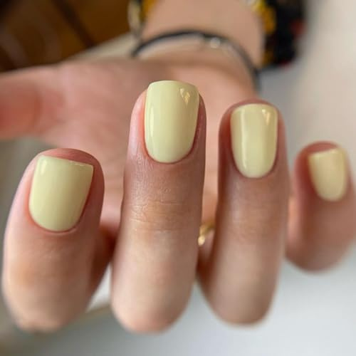 Viugex 24 stycken gåsgul press på nails, franska konstgjorda naglar kort fyrkantig, elegant mjuk gel akryl full täckning falska naglar, naturliga återanvändbara naglar för att klistra på för kvinnor