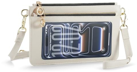 Small Crossbody Bags for Women Cell Phone Purse Touch Screen Bag Clutch Ultra Thin Slim Mini Wallet Purses Vegan Leather 2 in 1 Adjustable Neck Strap and Wrist Zipper Pocket with Card Slots Beige