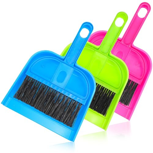 GANAZONO Juego de Escoba y Recogedor Pequeño de Mano 3 Unidades Colores Azul Verde y Rojo Mini Cepillo Cerdas Suaves para Limpieza de Mesas Jaulas de Mascotas y Superficies del Hogar