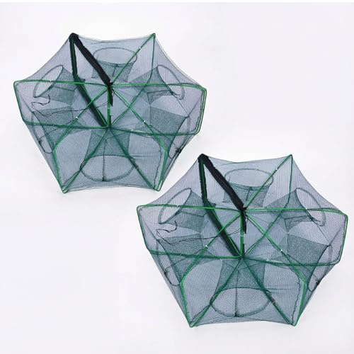 VEGOATY 2 pezzi 6 fori Cast Mesh Trap: trappola pieghevole in nylon con aperture per la pesca, rete da pesca, 6 fori per la cattura di anguille, granchi, aragoste, gamberetti e granchi