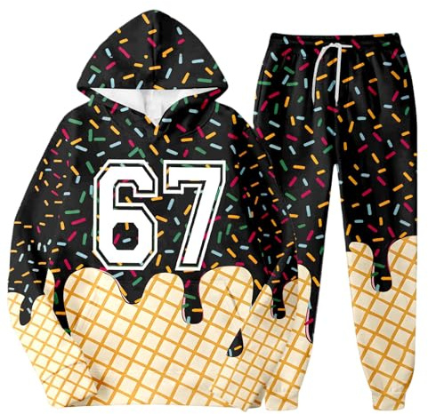 Tuta da ginnastica per ragazzi e ragazze 67 Six Seven con cappuccio divertente 6 7 numero manica lunga stampato pantaloni festivi per bambini retrò vestito da festa, Nero , 10-11 Years
