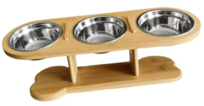 Folpus Comederos elevados para Gatos, Ligeros, para Gatos pequeños y Cachorros, con Soporte de bambú, 3 Cuencos de Acero Inoxidable.