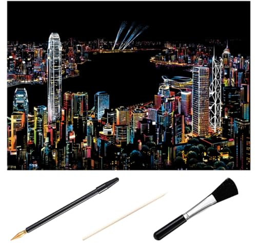 SEWOART Kit de Manualidades para Rascar 4 Piezas Imagen Ciudad Nocturna Victoria Harbour, Incluye 3 Herramientas (palillo de Bambú, Bolígrafo Dorado, Pincel Negro) Escuelas