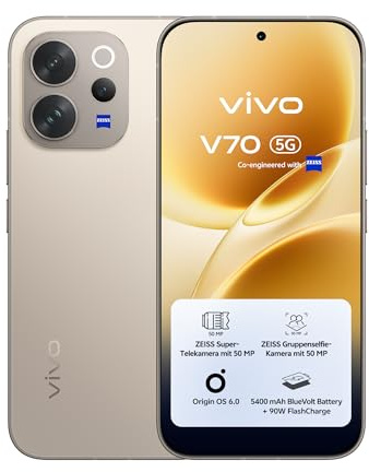 vivo V70 5G Smartphone 8G + 256GB ZEISS Super Telecámara 50MP Video 4K Pantalla AMOLED nítida 1.5K con batería de 6.59 5400mAh 3D Huella Digital IP68 IP69 Android 16