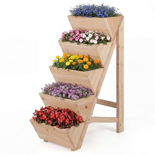 COSTWAY vertikales Hochbeet mit 5 Etagen, Blumenbeet aus Tannenholz, Vertikalbeet mit Pflanzkästen, Blumentreppe Gartenbeet Holz, Blumenkasten für Terrasse Balkon Garten (Natur)
